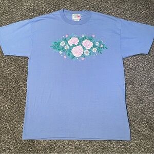 Vintage 90s Morning Sun Roses Floral Flowers Pastel Blue Tshirt Size Large